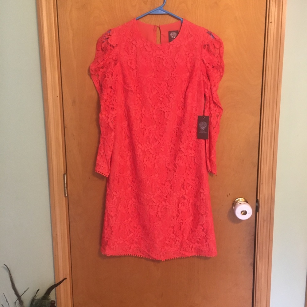 Vince Camuto Lace Dress Women Coral Pink New Puff Sleeve Floral Sheath